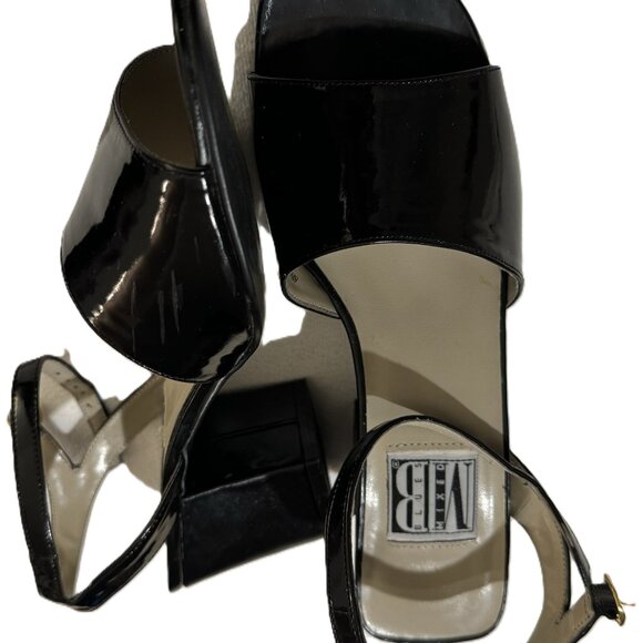 Vintage Mixed Blues Black Patent Leather Low Block Heel Sandals - Picture 9 of 10
